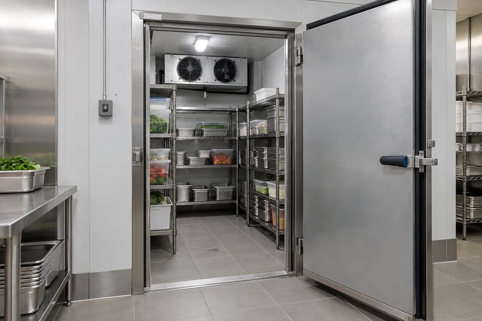 Câmara fria profissional com porta aberta e prateleiras em aço inox