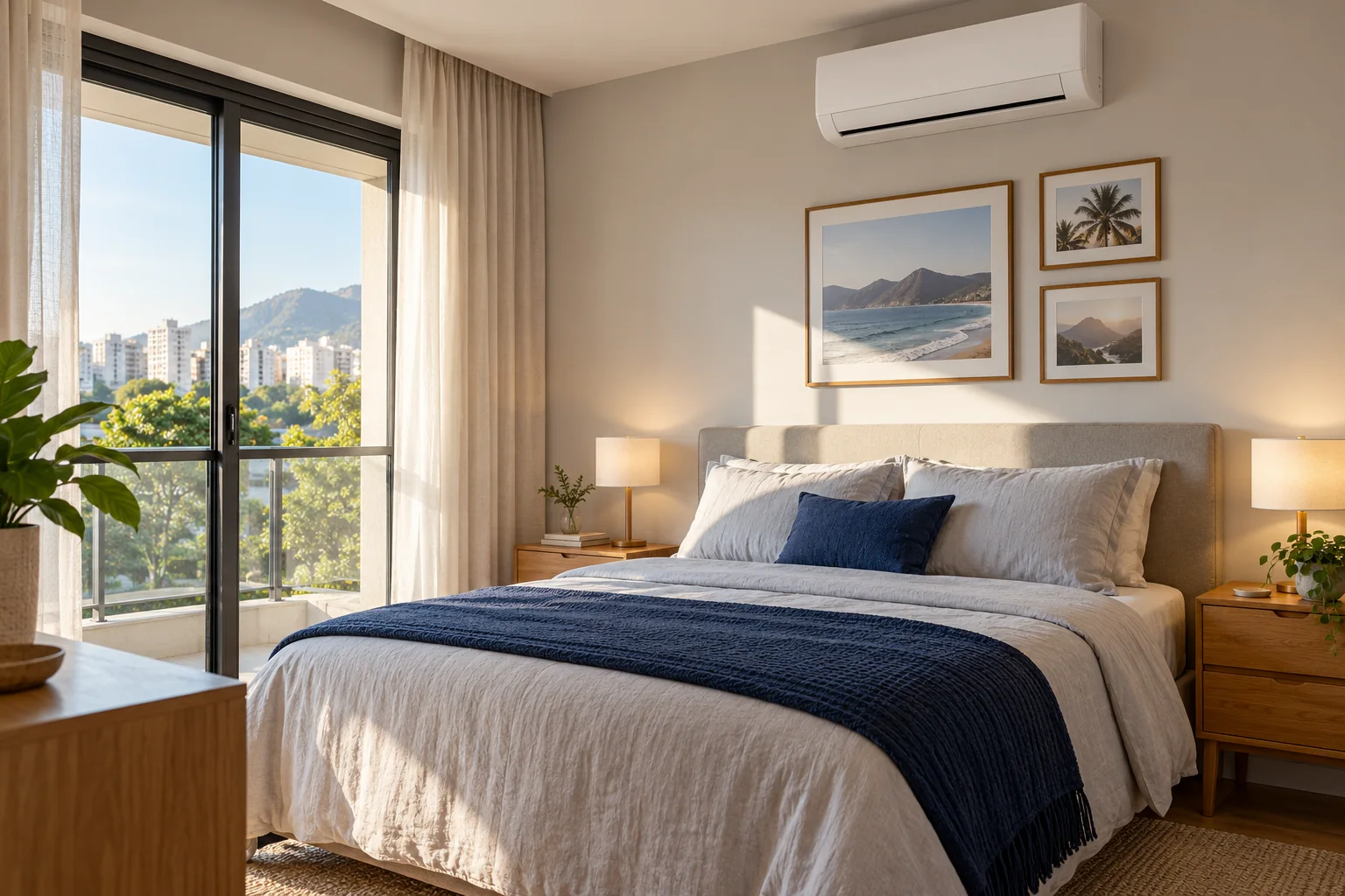 Quarto com roupa de cama cinza, detalhes azuis e ar-condicionado split