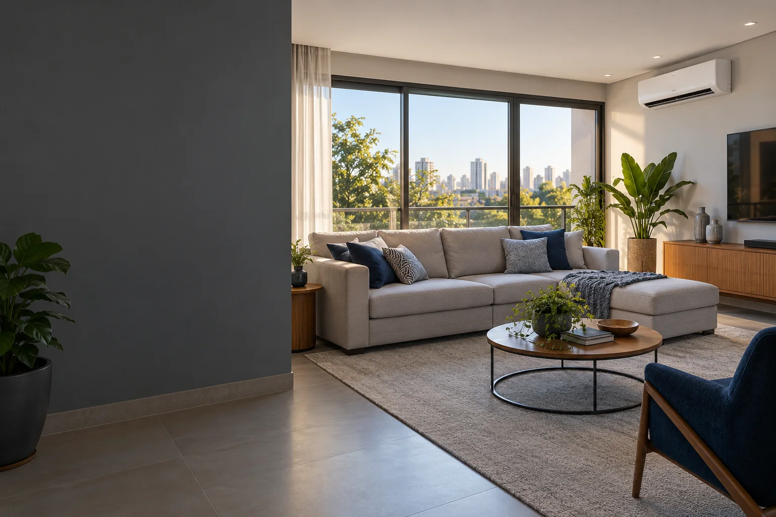 Sala de estar com sofá cinza e ar-condicionado split instalado na parede