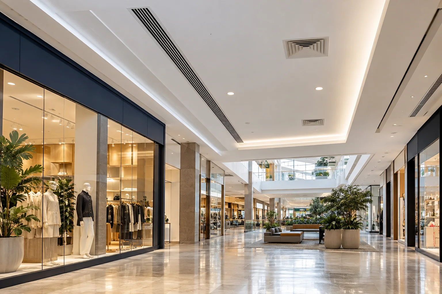 Ambiente de shopping com grelhas de climatização no teto